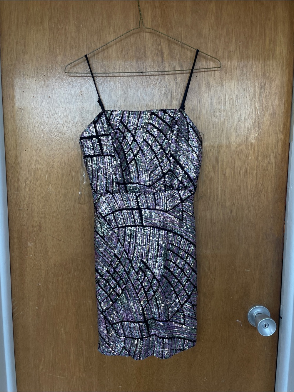 Sequin Spaghetti-Strap Mini Dress in Iridescent Pink and Black